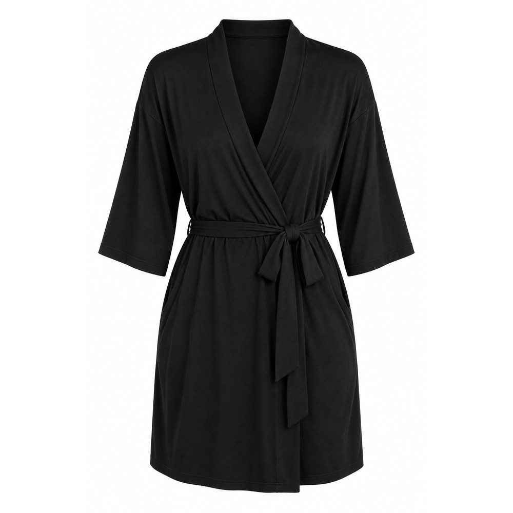 Women's Black Wrap Robe with Tie Waist, 3/4 Sleeves & Pockets